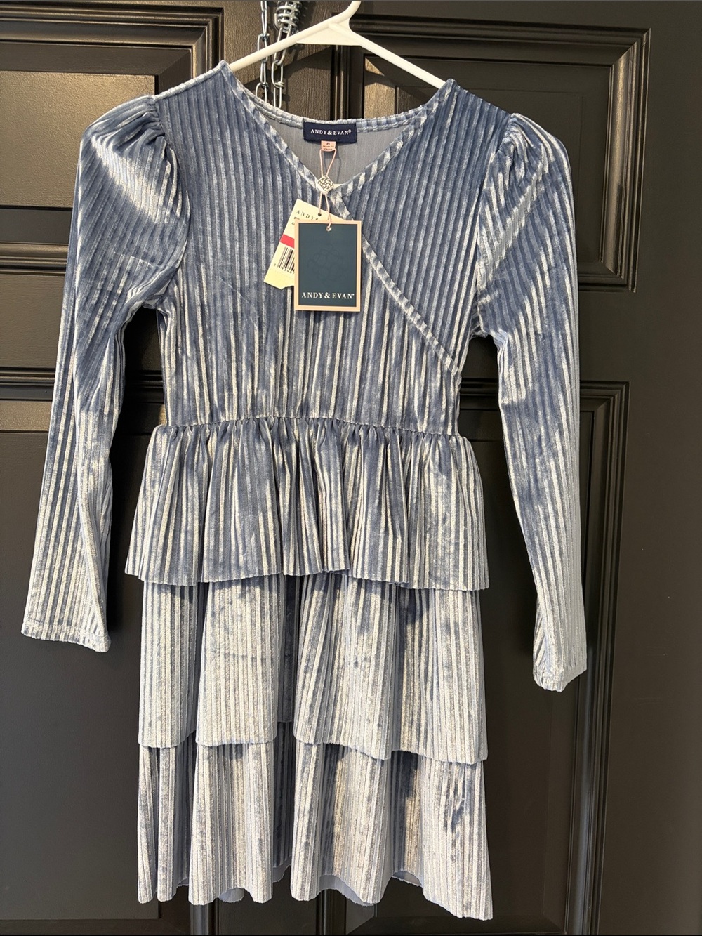 Andy & Evan Light Blue Ribbed Velvet Tiered Dress